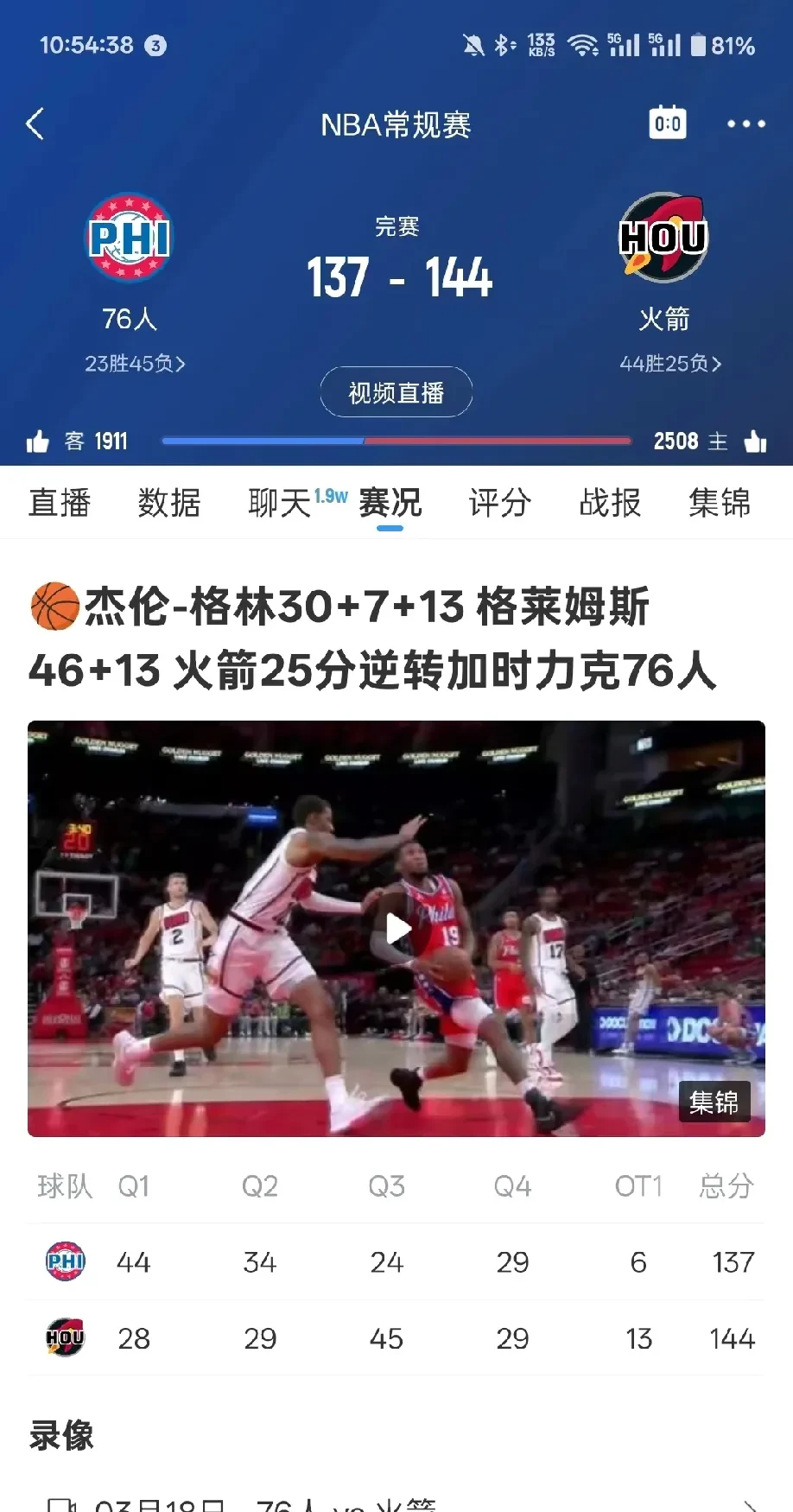 包含火箭三连败，季后赛形势严峻的词条
